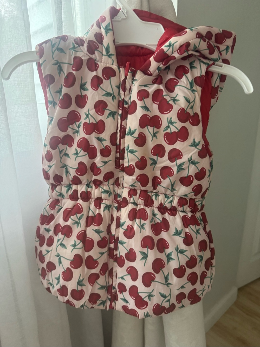 Kids Hooded Puffer Vest - Red Cherry Print double sided red inside